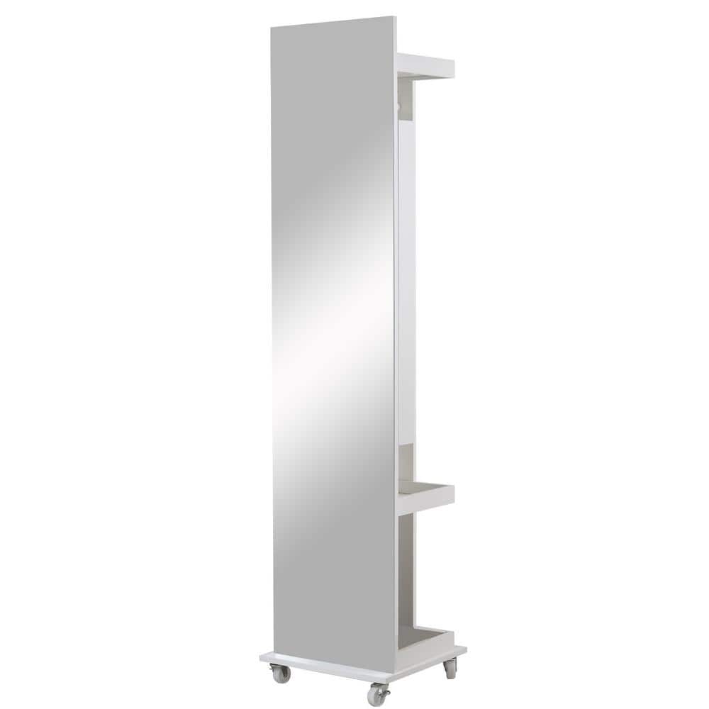 White Rectangular Wood Floor Standing Jewelry Cabinet with Mirror