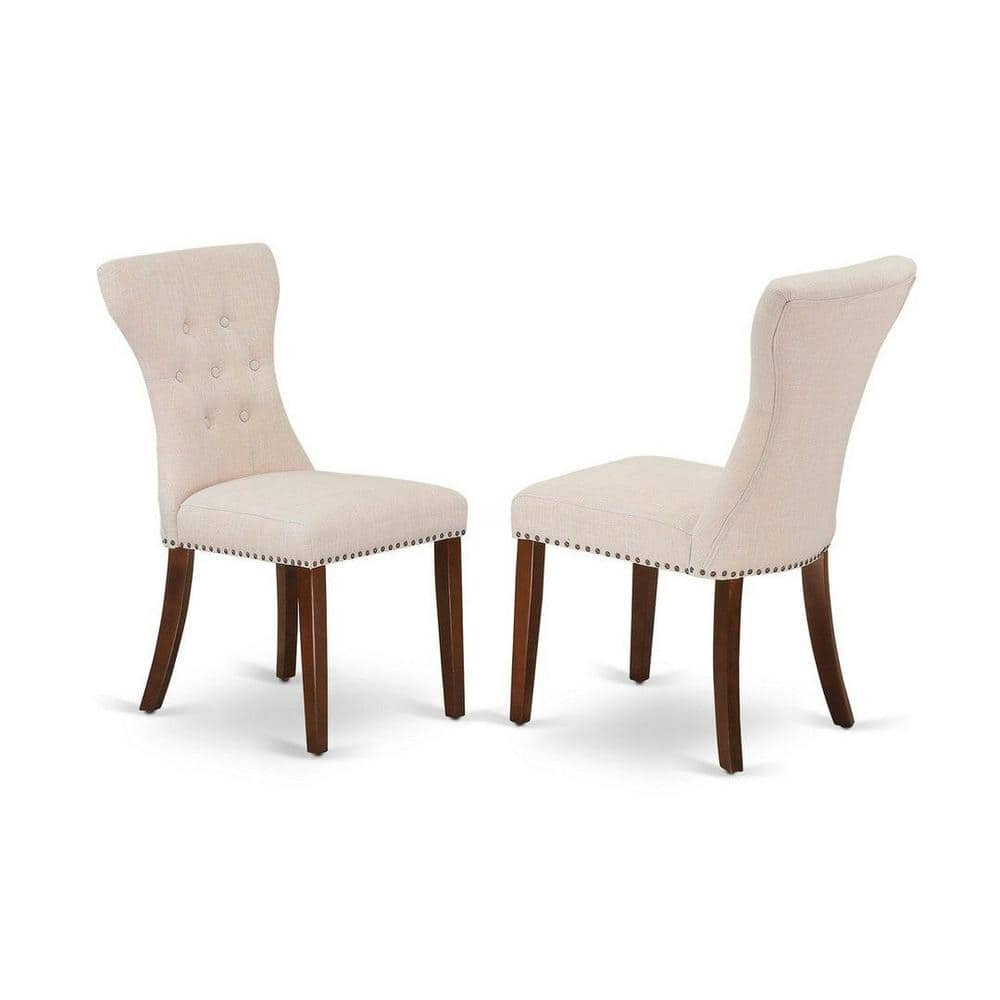 Mahogany Round Pedestal Dining Table Set with Beige Linen Chairs