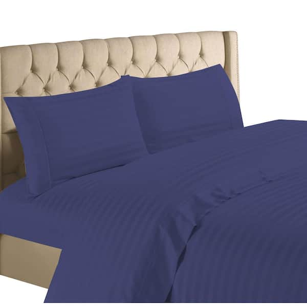 Unbranded 4-Piece Navy 1200-Thread Count 100% Egyptian Cotton King Deep Pocket Stripe Sheet Set