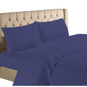 4-Piece Navy 1200-Thread Count 100% Egyptian Cotton Deep Pocket Stripe Queen Bed Sheets