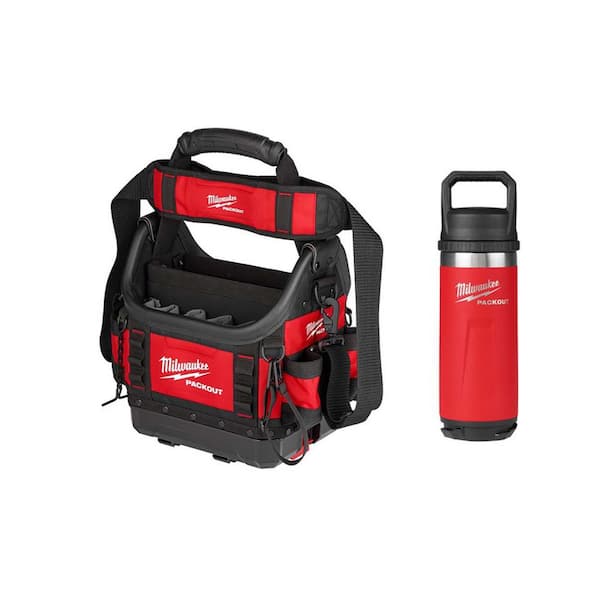 PACKOUT 10 in. Structured Tote with PACKOUT Red 18 oz. Insulated Bottle with Chug Lid