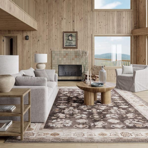 Dayflower Vintage Machine Washable Brown 9 ft. x 12 ft. Indoor/Outdoor Patio Rug