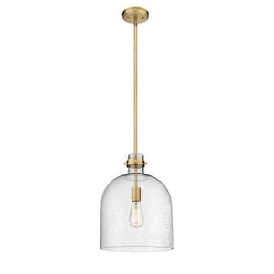 Pearson 12 in. 1-Light Rubbed Brass Pendant Light with Clear Seedy Glass Shade