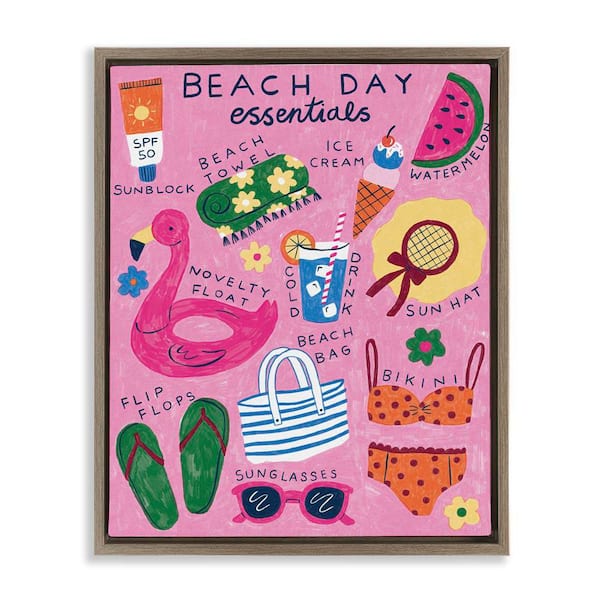 Stupell Industries Beach Day Essentials by Lisa Barlow Brown Floater Frame Coastal Graphic Art Print 31 in. x 25 in.