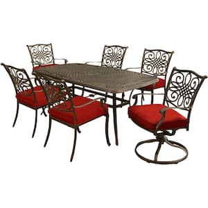 Traditions 7-Piece Aluminum Outdoor Dining Set with 2 Swivel Rockers and Red Cushions