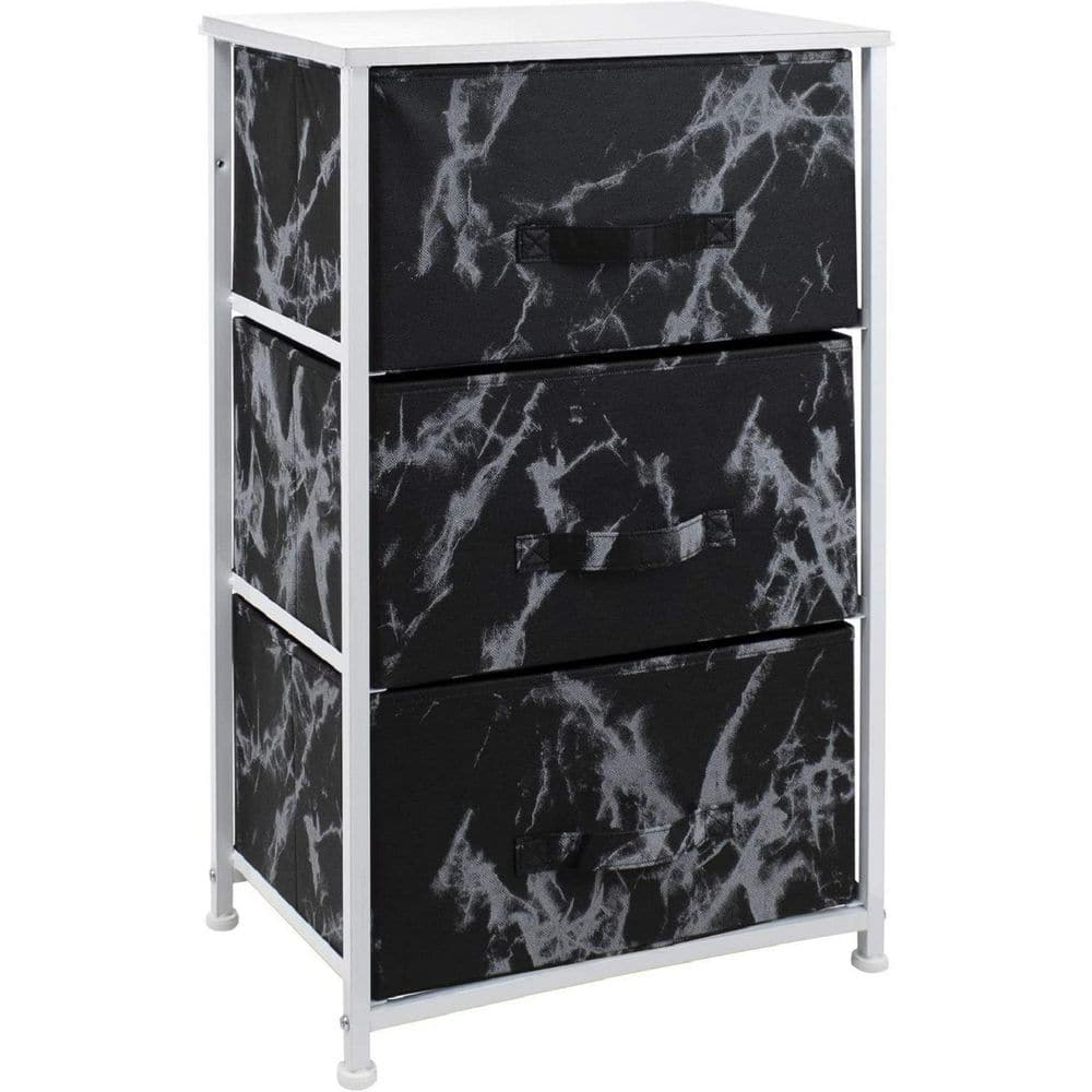 White Frame Black Marble 3-Drawer Nightstand with Fabric Bins