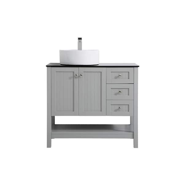 Unbranded Simply Living 36 in. W x 18.875 in. D x 38 in. H Bath Vanity in Gray with Black Tempered Glass Top
