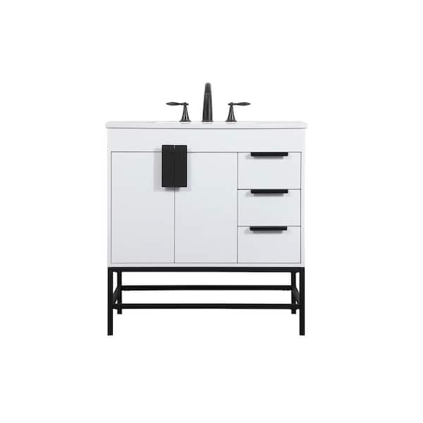 Unbranded Simply Living 32 in. W x 22 in. D x 33.5 in. H Bath Vanity in White with Ivory White Engineered Marble Top