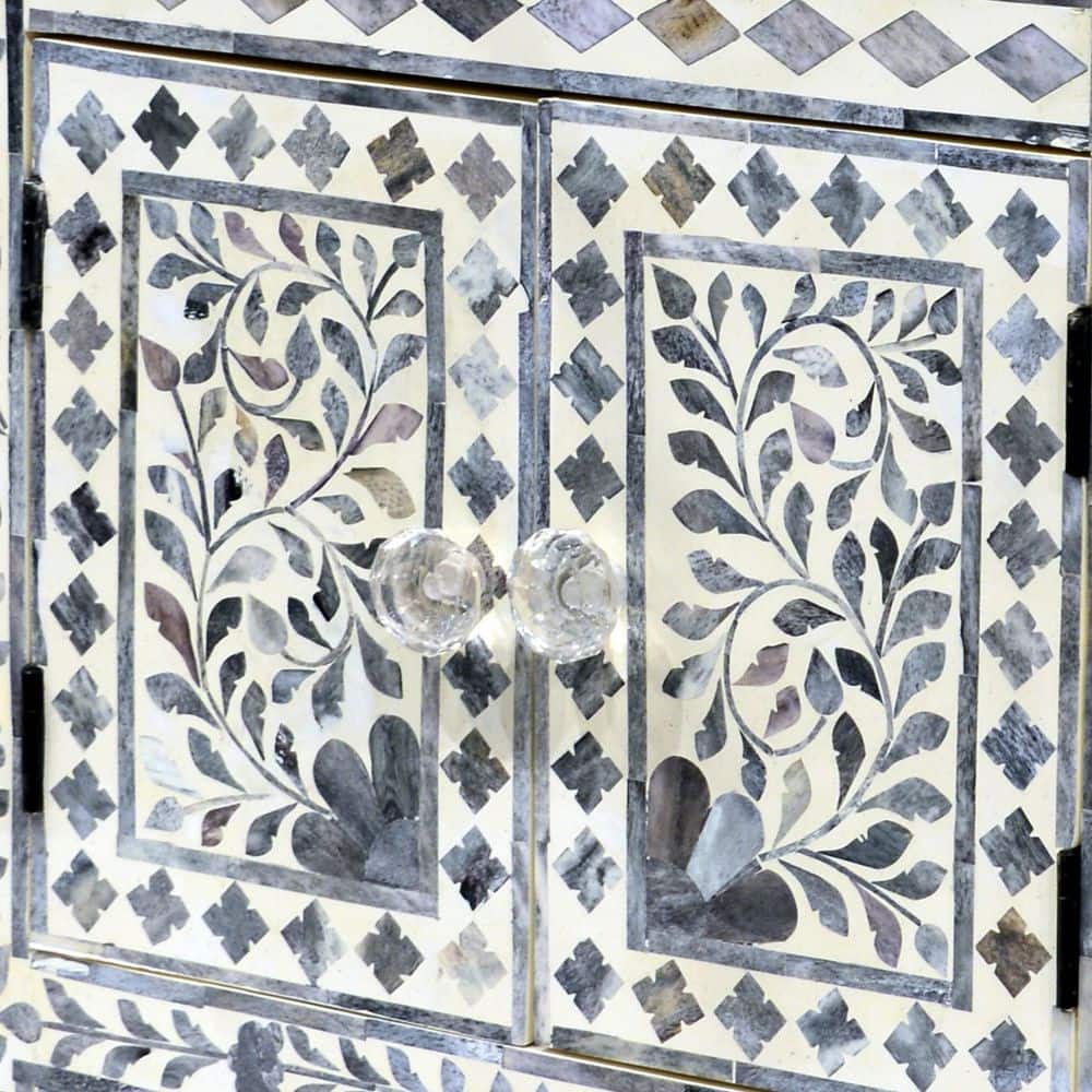 Lilac Gray Floral Vine Motif Hand-Inlaid Bone Accent Chest