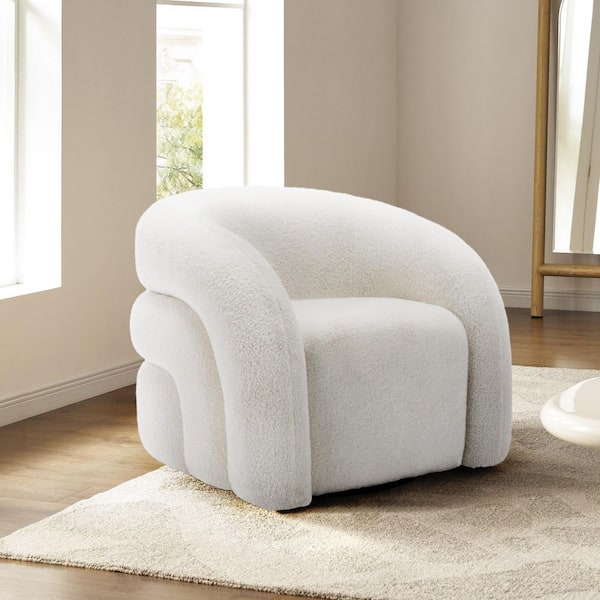 White Boucle Polyester Fabric 360° Swivel Accent Barrel Armchair with Metal Base (Set of 1)