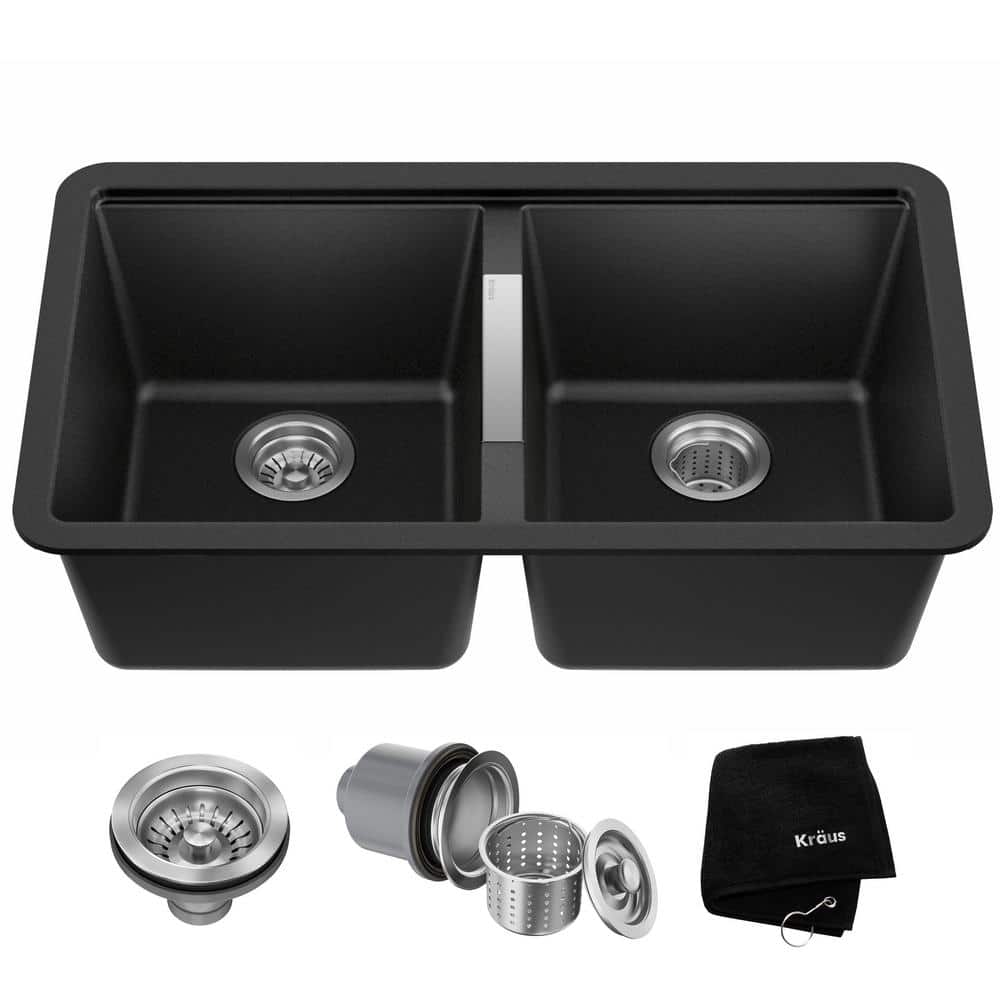 KRAUS 33 inch L Undermount 50/50 Double Bowl Black Onyx Granite Kitchen Sink