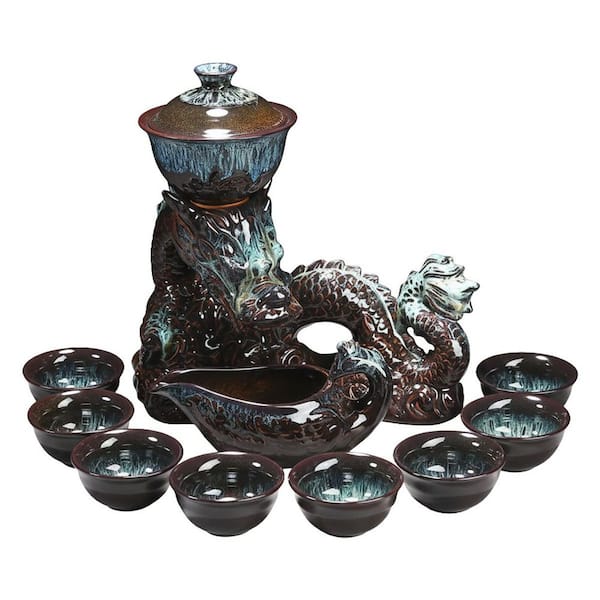Ceramic Gongfu Tea Set Semi Automatic Dragon Base with Infuser Teapot 8 Cups for Loose Leaf and Flower Tea