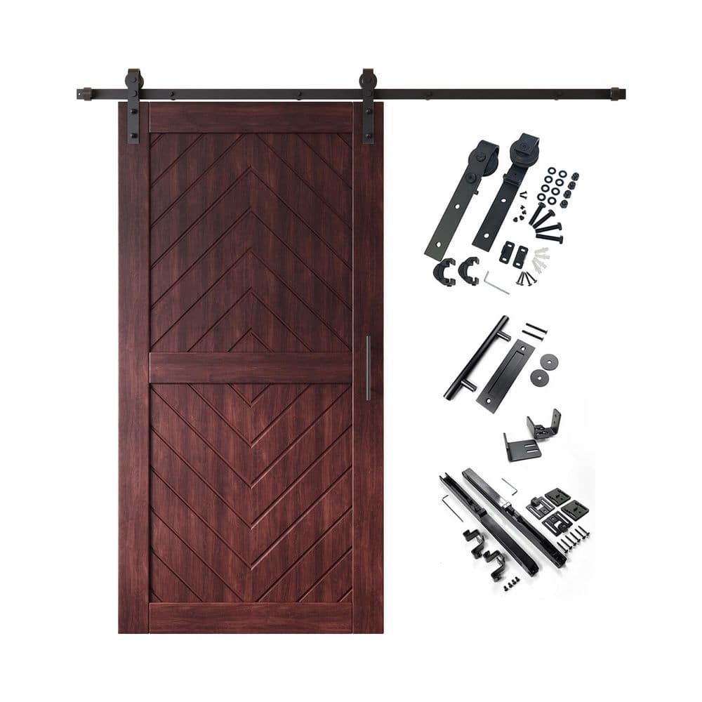 JT2 32 in. x 80 in. C-Panel Red Mahogany Fishbone Design Solid Pine Wood Sliding Barn Door with Hardware Kit price history on PriceWatchPro