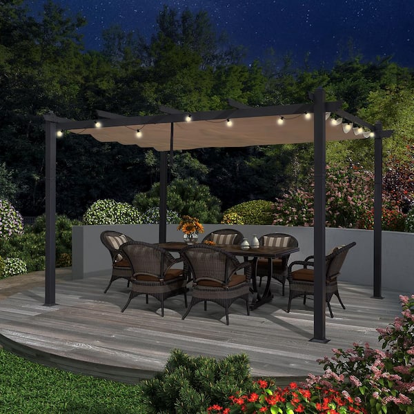 PURPLE LEAF 10 ft. x 12 ft. Gray Aluminum Frame Morden Pergola with Beige Retractable Sun Shade Canopy and String Lights for Garden