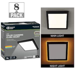 Low Profile 9 in. Matte Black Square LED Flush Mount with Night Light Feature J-box Compatible Dimmable (8-Pack)