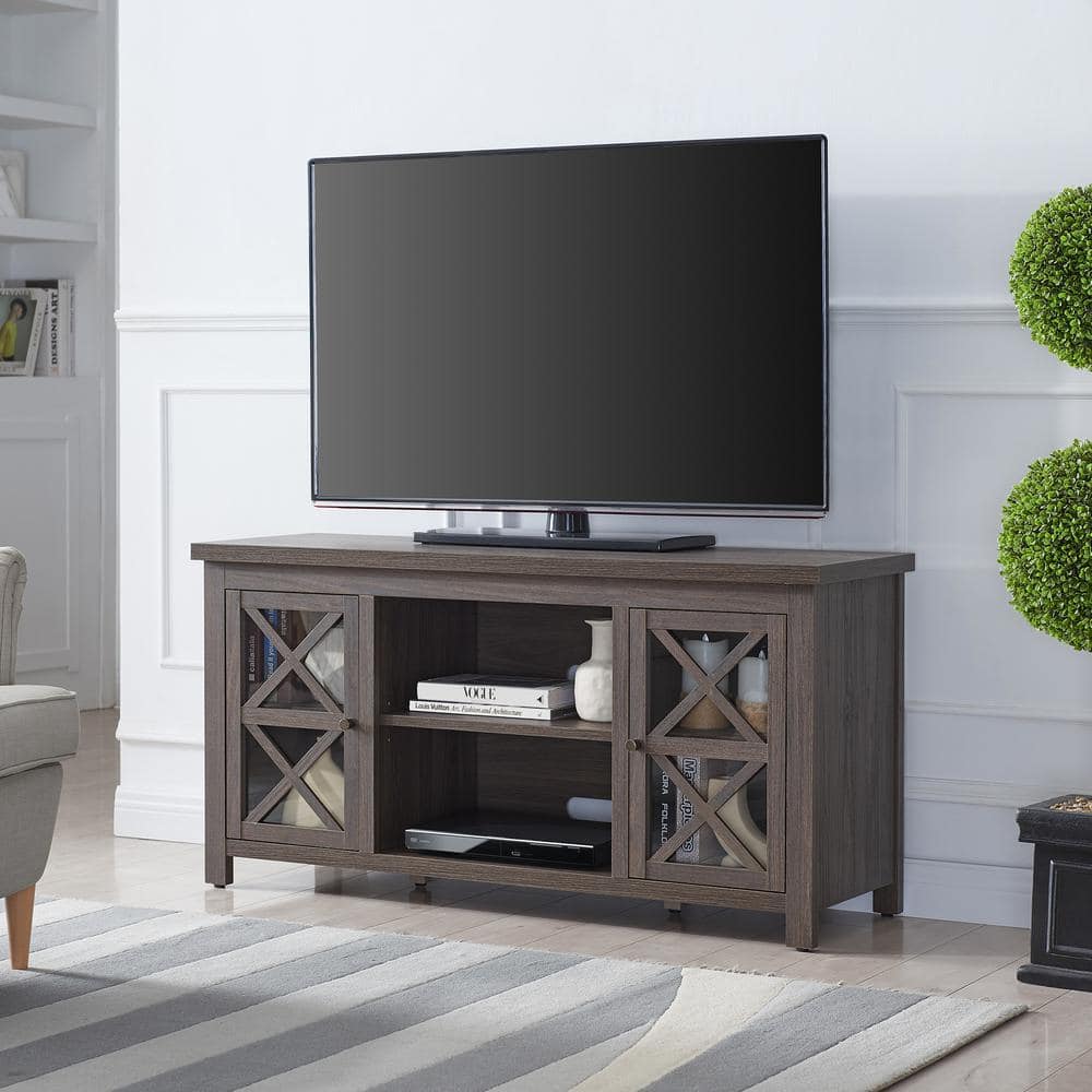 Modern Farmhouse Alder Brown TV Stand with Crisscross Cabinet Doors