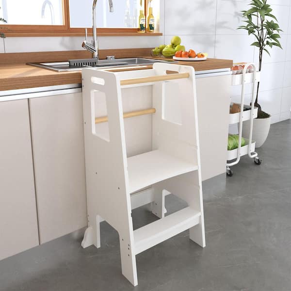 Modern White Wood MDF Kids Standing Tower with Adjustable Height and Removable Safety Bar