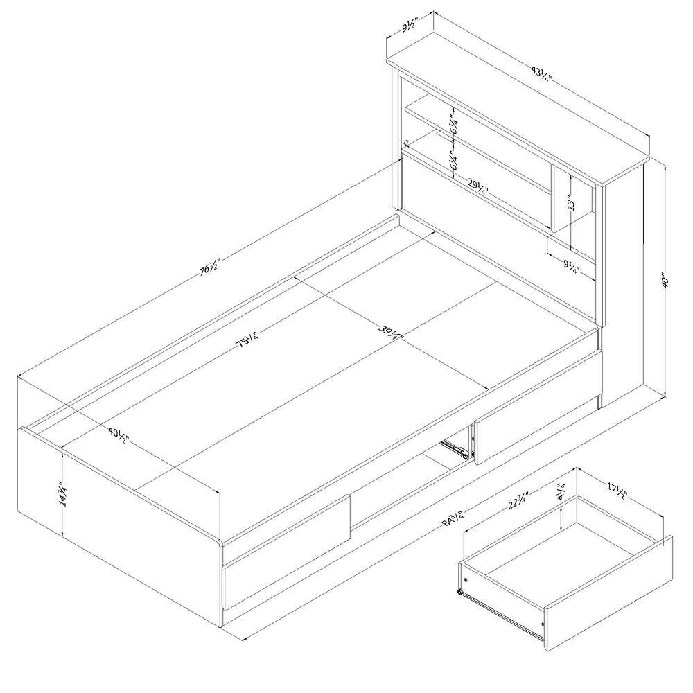Soft Gray Twin Wood Platform Bed with Bookcase Headboard and Storage Drawers