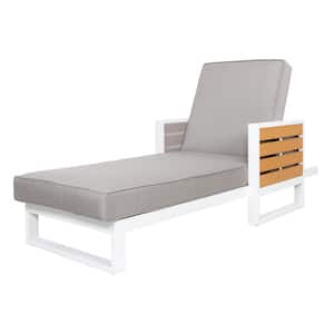 White Aluminum Outdoor 5-Position Adjustable Chaise Lounge with Gray Cushion, Imitation Wood, Polyester Fabric