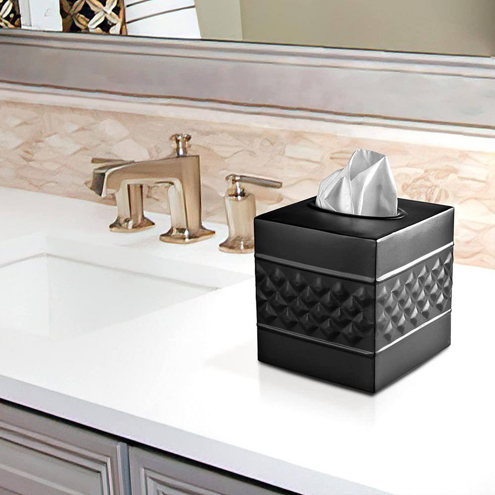 Black Geometric Embossed Metal Square Tissue Box Cover