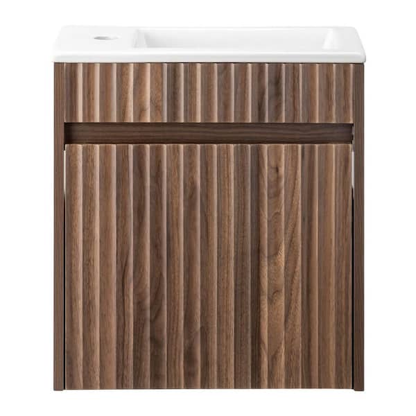 18.11 in, Wall Mounted Walnut Bath Vanity with White Ceramic Top Unassembled