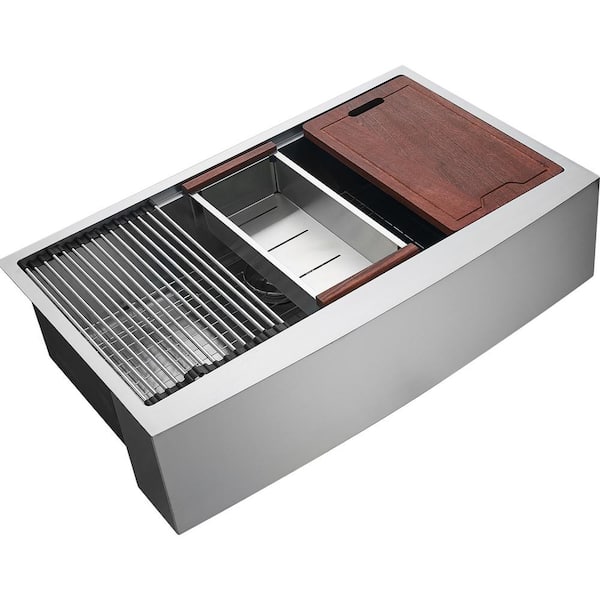 33 in. Farmhouse Kitchen Sink, 304 Stainless Steel Drop-In Single Bowl Basin with Ledge and Accessories for Workstation