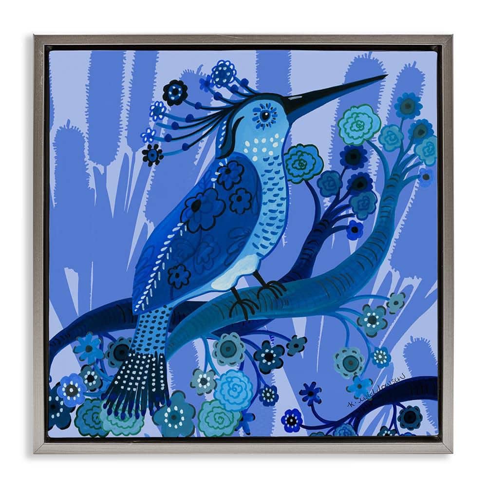 Folk Style Blue Bird by Kay Widdowson Gray Floater Frame Animal Graphic Art Print 18 in. x 18 in.