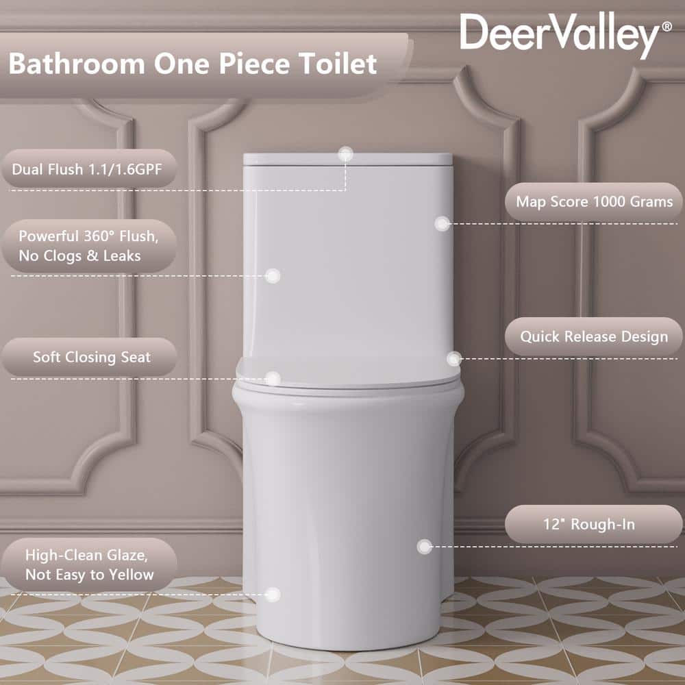 White Ceramic Elongated Dual Flush One-Piece Toilet