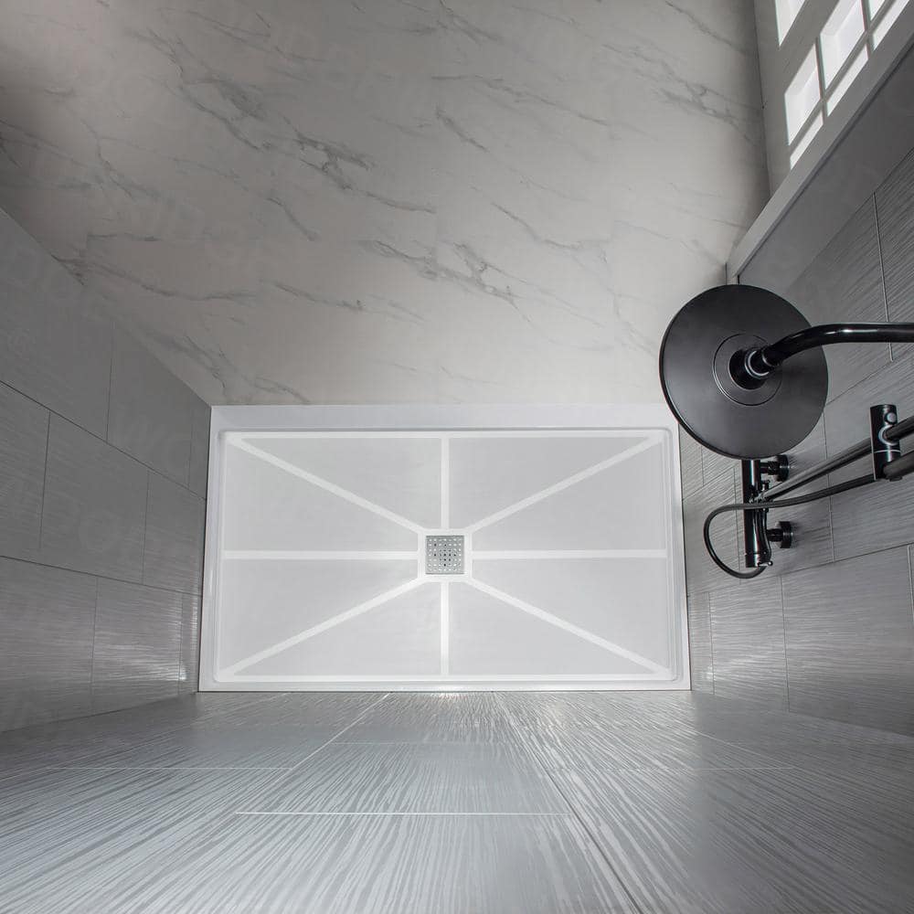 48" White Rectangular Shower Pan with Brushed Nickel Drain Cover
