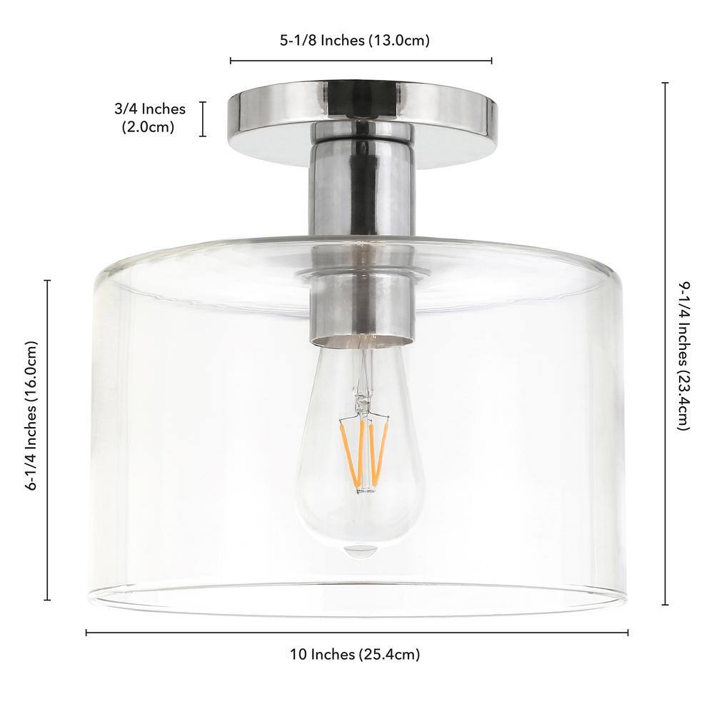 Henri Polished Nickel 10" Drum Semi-Flush Mount with Clear Glass Shade