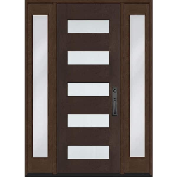 Regency 72 in. x 80 in. 5L Modern Frosted Glass LHIS Hkry Fiberglass Prehung Front Door w/Dbl 16in. SL & 8011BLK Lockset