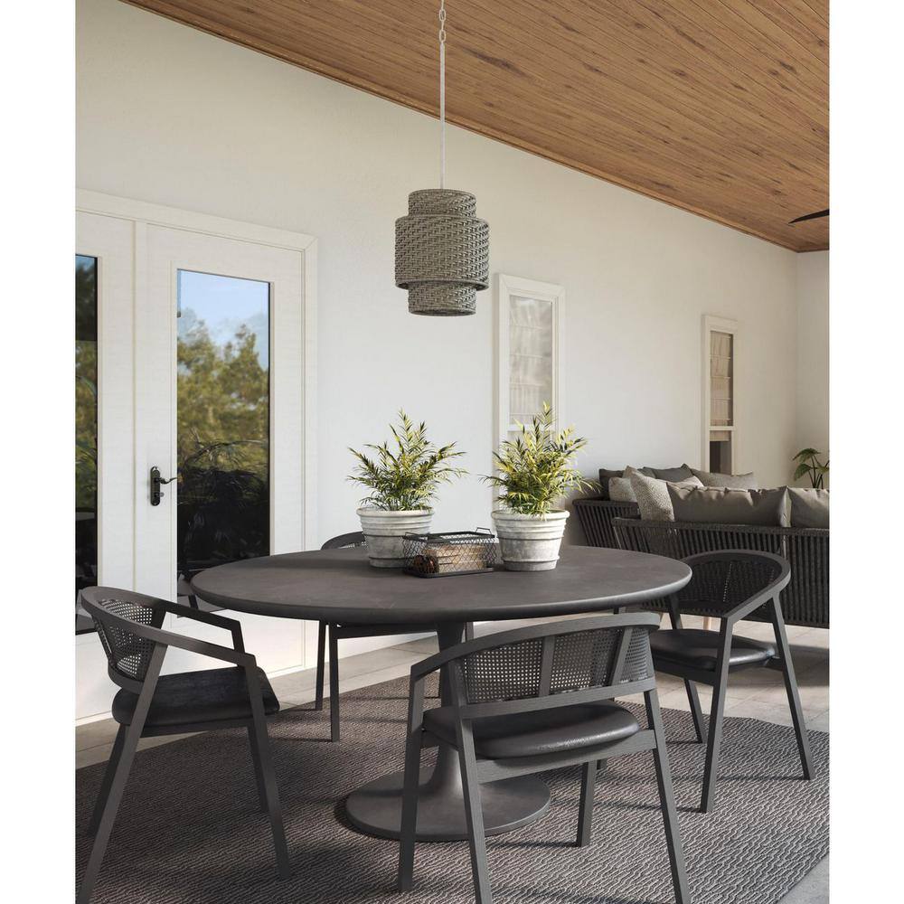 Weathered Grey Rattan Outdoor Pendant Light with White Etched Shade