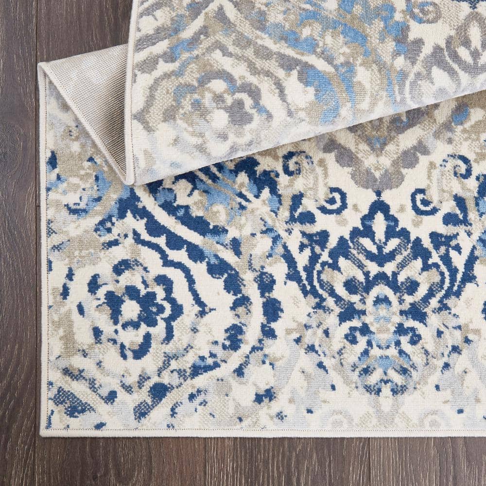 Ivory Blue Moroccan Ogee Damask Rectangular Area Rug