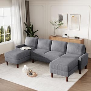 103 in. Straight Arm U shaped Corduroy Sectional Sofa in Gray with Solid Wood Legs