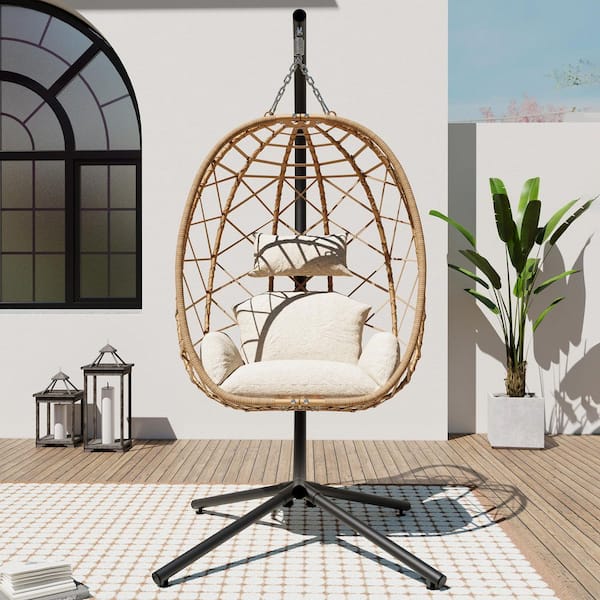1-Person Wicker Patio Swing Egg Chair with Standand Beige Cushion