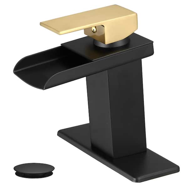 HOMEMYSTIQUE Single-Handle Waterfall Single-Hole Bathroom Sink Faucet with Pop-Up Drain Kit, Deckplate Included in Gold and Black