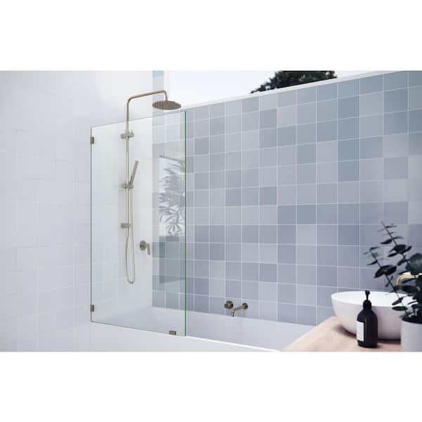 Glass Warehouse 34 in. x 58 in. Frameless Fixed Panel Bathtub Door in Polished Brass without Handle