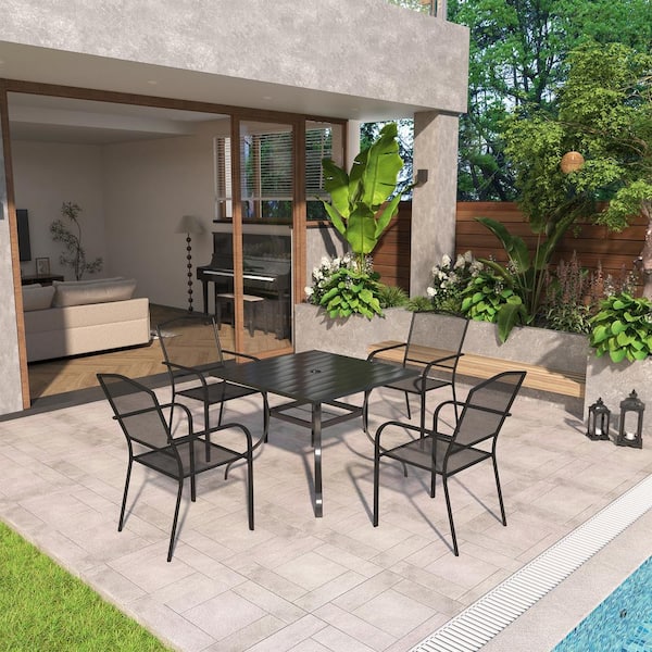 5-Piece Black Steel Patio Dining Set 4 Dining Chairs and 36 in. W Square Table Outdoor Dining Set with Umbrella Hole