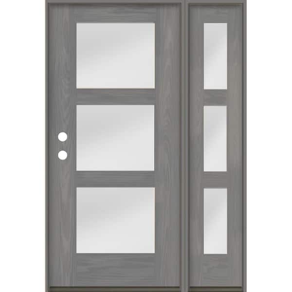 Krosswood Doors Modern 50 in. x 80 in. 3-Lite Right-Hand/Inswing Satin Etched Glass Malibu Grey Stain Fiberglass Prehung Front Door/RSL