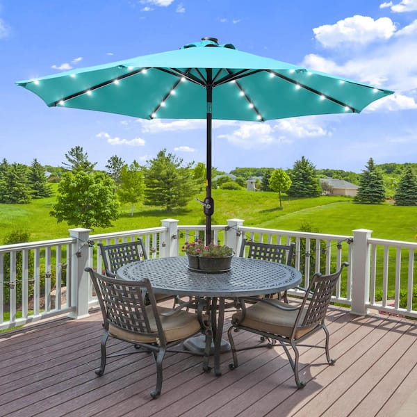 Sonkuki Solar Lighted LED 9 ft. Aluminum Patio Market Circle Outdoor Umbrellas with Push Button Tilt and Crank Lift in Lake Blue