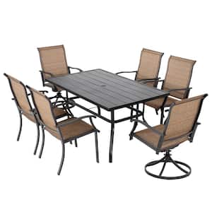 Brown 7-Piece Steel Sling Outdoor Patio Dining Set with Rectangular Table and Swivel Dining Chairs