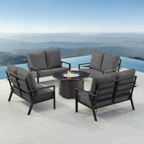 Oakland Living Black 7-Piece Aluminum Patio Fire Pit with 4-Deep Seating Loveseat Black Cushions