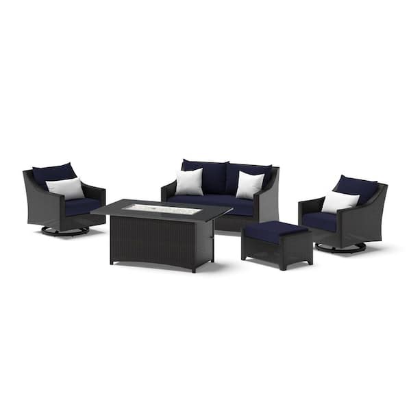 Deco 5-Piece Wicker Motion Patio Fire Pit Conversation Set with Sunbrella Navy Blue Cushions