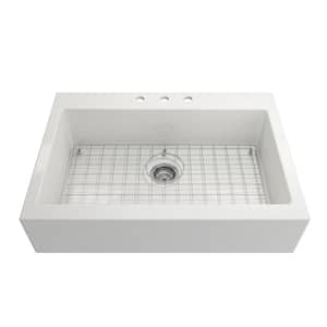34 in. Farmhouse/Apron-Front Single Bowl White Fireclay Kitchen Sink with Bottom Grid
