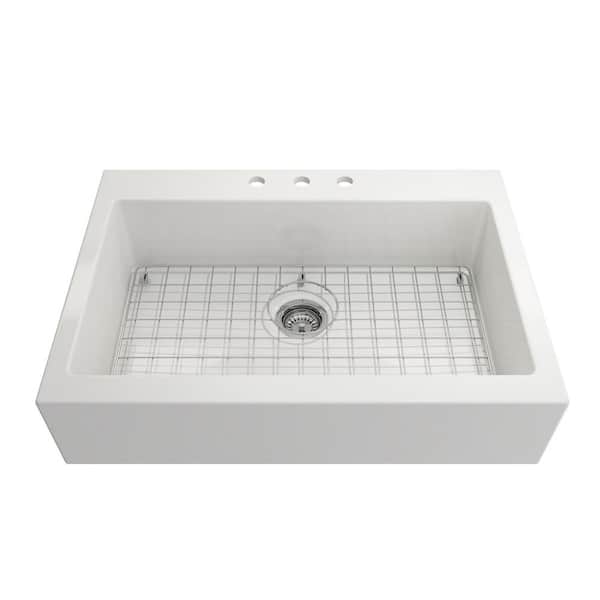 Glacier Bay 34 in. Farmhouse/Apron-Front Single Bowl White Fireclay Kitchen Sink with Bottom Grid