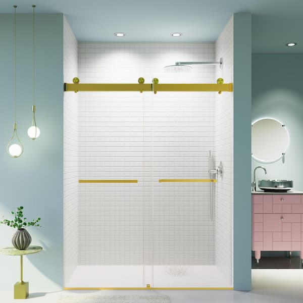 56 60 in. Wx76 in. H Frameless Double Sliding Soft Close Shower Door in Brushed Gold 3/8 Thick SGCC Tempered Glass Door