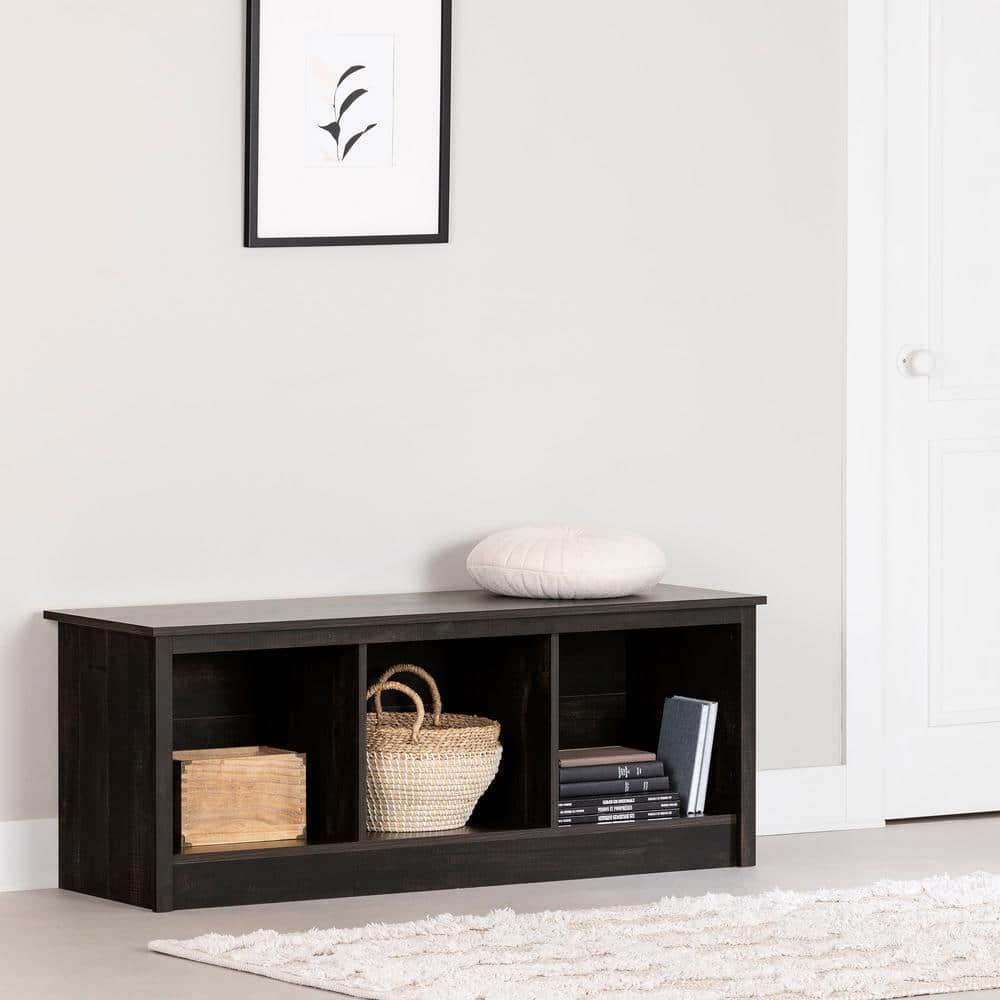 Rubbed Black Farmhouse Storage Bench with Open Compartments