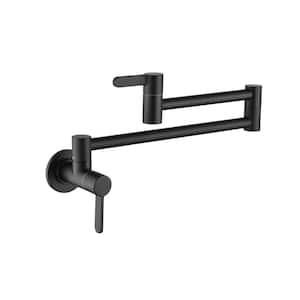 Single Hole Stretchable Folding Kitchen Wall Mount Pot Filler Faucet 2.2 GPM with 2-Handles in Matte Black