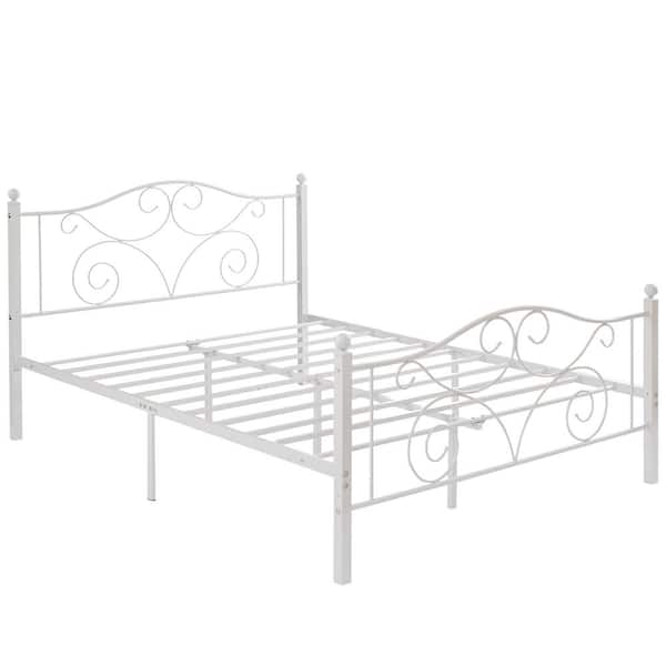 Bed Frame White Metal Frame Queen Size Platform Bed Mattress Foundation Support with Headboard and Footboard Metal Bed