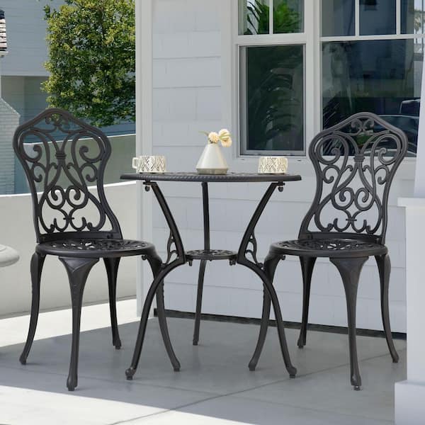 Nuu Garden Black 3-Piece Cast Aluminum Round Outdoor Bistro Set with Umbrella Hole